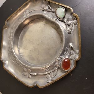 Antique Japanese Meiji White Metal and Jade Clover Trinket Dish 5.75"